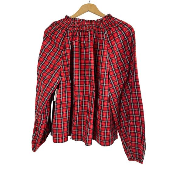 Old Navy Blouse Top Red Plaid Tartan Check Womens Smocked Christmas Preppy L New - Picture 15 of 16